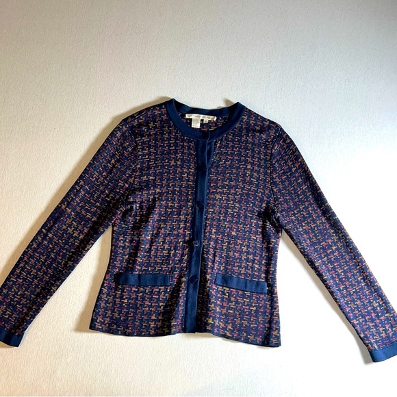 Vintage 100% Silk Geometric Compositions Cardigan in Navy Blue and Purple, Small - Picture 1 of 9